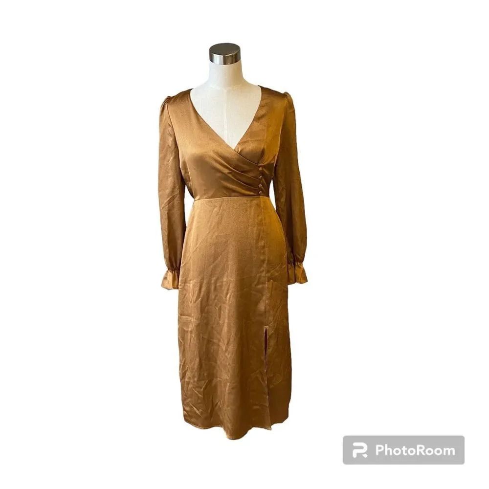 Lulu’s 4SI3NNA Brielle Bronze Satin Long Sleeve Midi Dress in Bronze Copper - Picture 4 of 14